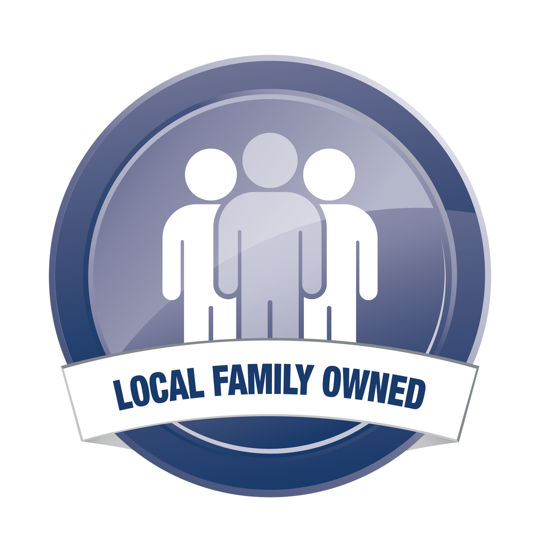 Logo with three silhouettes of people and 'Local Family Owned' text on a blue and white background